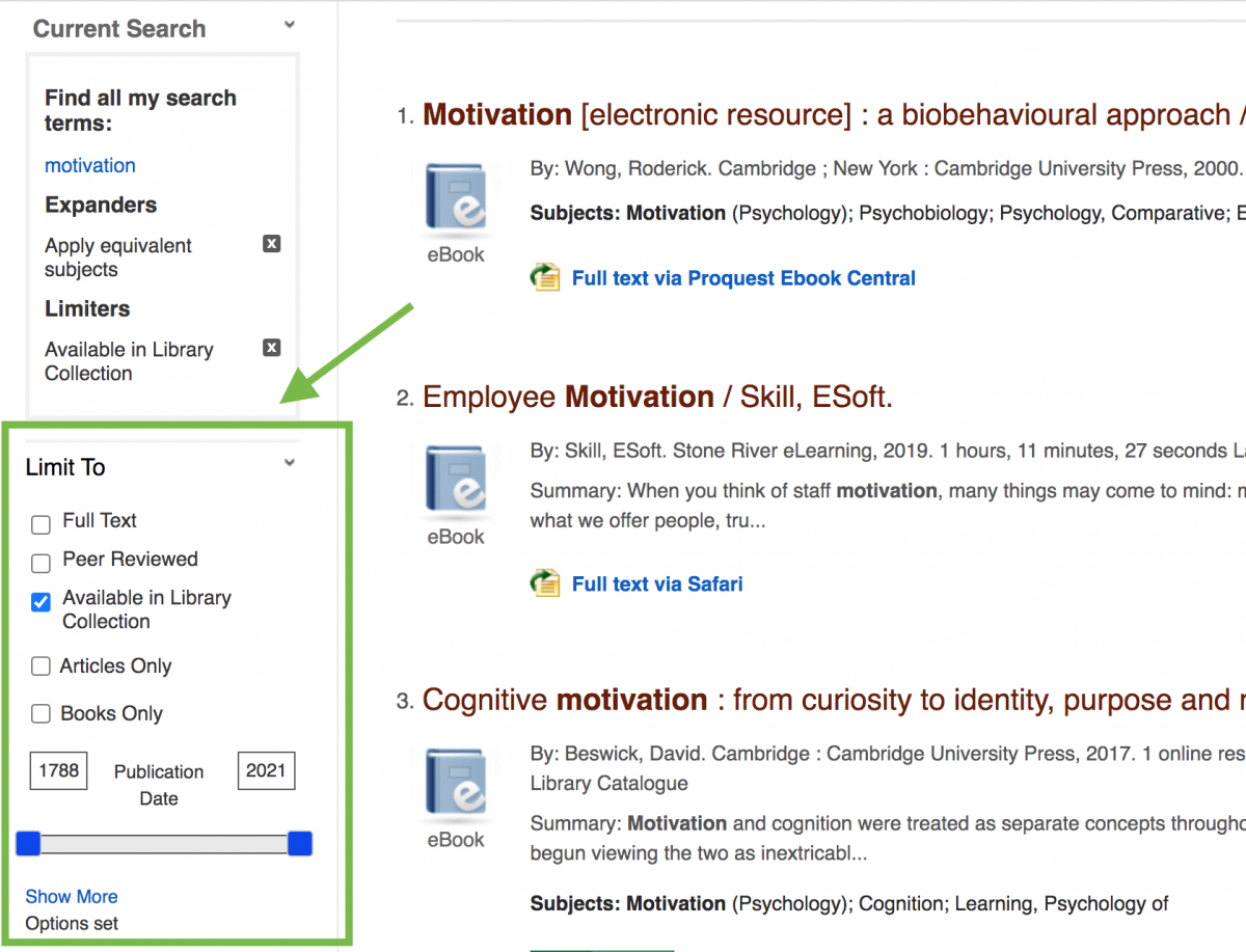 Location of filters on the left-hand side of the One-Search Lite results screen