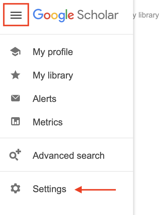 Google scholar Menu open, showing link to "Settings"